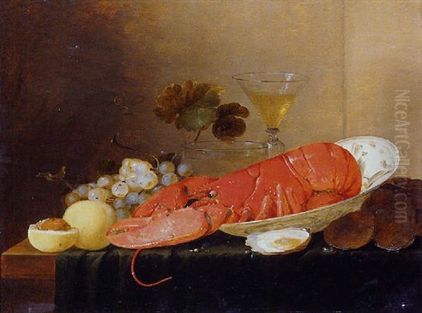 Nature Morte: Fruits, Raisins, Verres, Homard Dans Un Plat Et Huitres Voisinant Sur Un Entablement Oil Painting by Pieter van Overschee