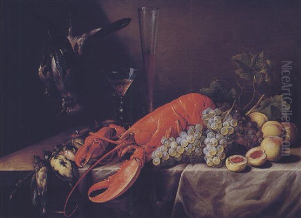 Nature Morte Aux Homard, Gibiers, Raisins, Peches Et Verres De Vin Sur Un Entablement Oil Painting by Pieter van Overschee