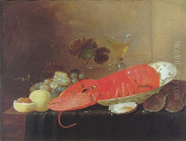 A Still Life Of A Lobster In A Porcelain Bowl Beside A Glass Of Wine, A Glass Bowl, Grapes, Peaches And Oysters On A Cloth On A Table Oil Painting by Pieter van Overschee