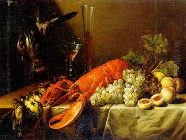 Still Life With A Lobster, Game, Grapes, Peaches, A Wine Glass And A Glass Flute, All Resting On A Draped Table by Pieter van Overschee