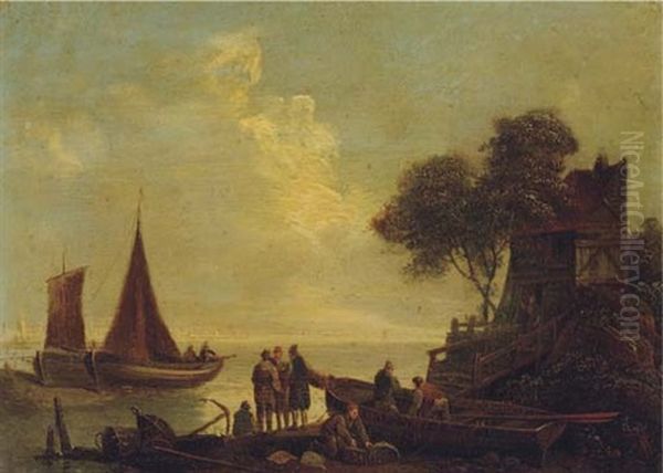 Fishermen On The Banks Of A River (+ Hauling In The Catch; 2 Works) Oil Painting by Samuel Owen