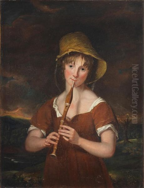 A Child With A Pipe Before A Landscape Oil Painting by William Owen