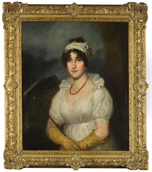 Portrait Of A Lady, Half Length, Wearing A White Dress And Turban With A Coral Necklace, Holding A Parasol Oil Painting by William Owen