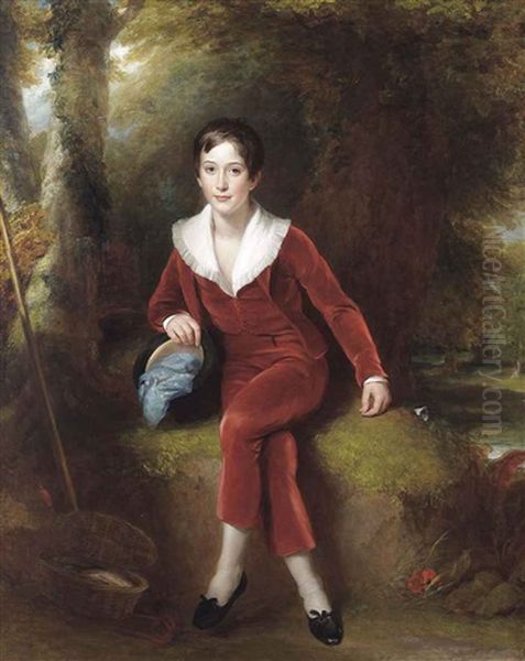 Portrait Of A Young Gentleman, Full-length, In Red, In A Landscape Oil Painting by William Owen