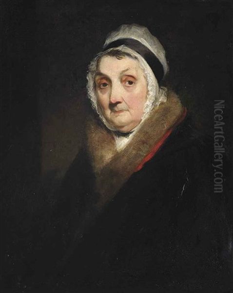 Portrait Of A Lady (mrs. Hawes?) In A Fur Trimmed Black Coat And Lace Bonnet Oil Painting by William Owen