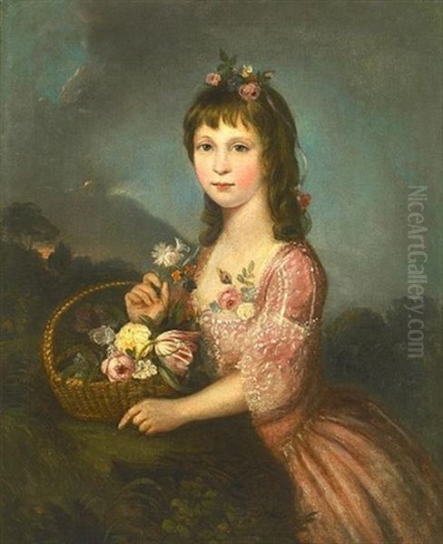 A Portrait Of A Girl Holding A Basket Of Flowers, Thought To Be The Hon. Patricia Melbourne Oil Painting by William Owen