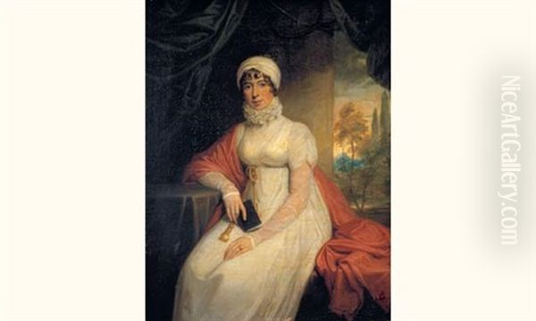 Portrait De Jeune Femme En Robe Blanche Et Chale Rouge Devant Un Paysage Oil Painting by William Owen