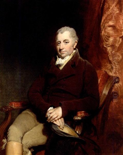 Portrait Of Sir Charles Morgan, 2nd Bt. In A Brown Coat And Buff Breeches, Seated In An Armchair By A Draped Red Curtain Oil Painting by William Owen