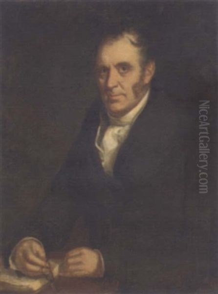 Portrait Of A Gentleman In A Black Jacket Holding His Spectacles And A Book Oil Painting by William Owen