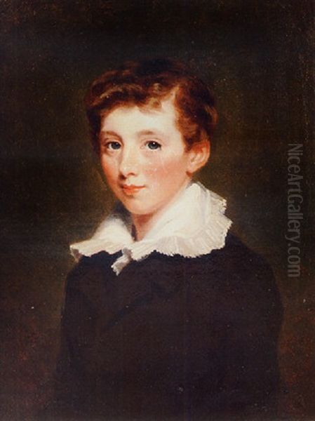 Portrait Of A Young Boy Wearing A Brown Coat And A White Lace Collar Oil Painting by William Owen