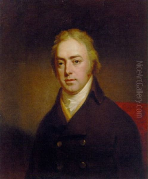 Portrait Of A Gentleman In A Brown Coat And Yellow Waistcoat Oil Painting by William Owen