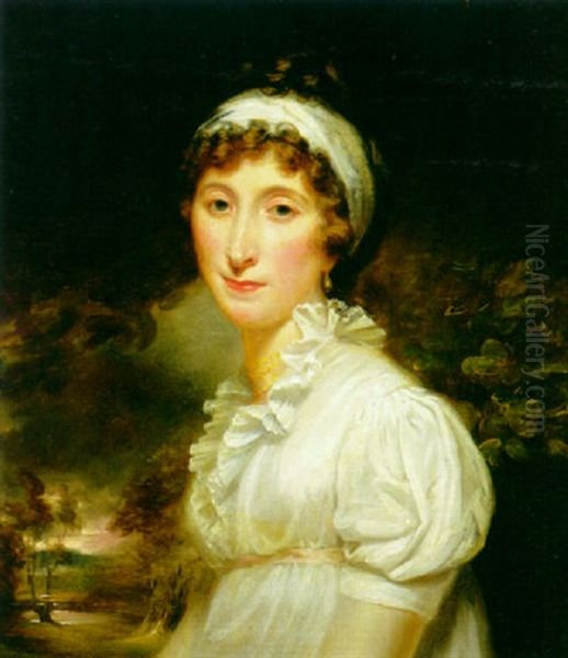 Portrait Of A Woman In A Landscape, Wearing A White Dress With A White Sash In Her Hair Oil Painting by William Owen