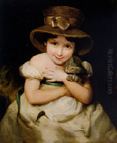 Portrait Of A Young Girl With A Kitten Oil Painting by William Owen