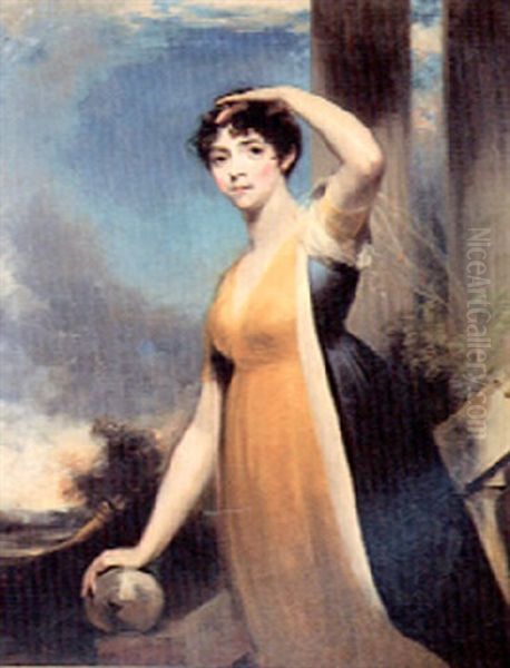 Portrait Of A Lady, Three-quarter Length, Standing On A Staircase Wearing A Yellow Dress With A Blue Overcoat Oil Painting by William Owen