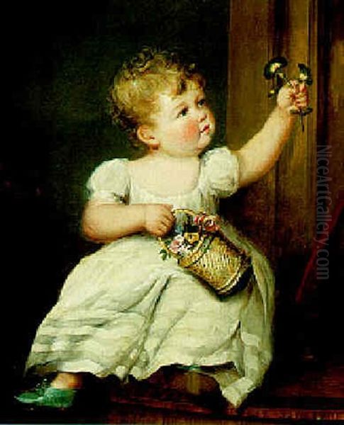 Portrait Of Catherine Holden When A Child Holding A Basket Of Flowers Oil Painting by William Owen