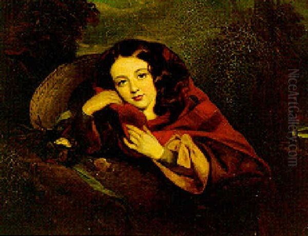 Portrait Of A Girl In A Brown Dress And Tartan Shawl, Leaning On A Mossy Bank Oil Painting by William Owen