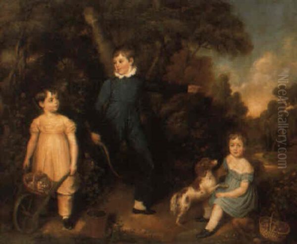 Group Portrait Of Three Children Playing In A Wooded River Landscape Oil Painting by William Owen