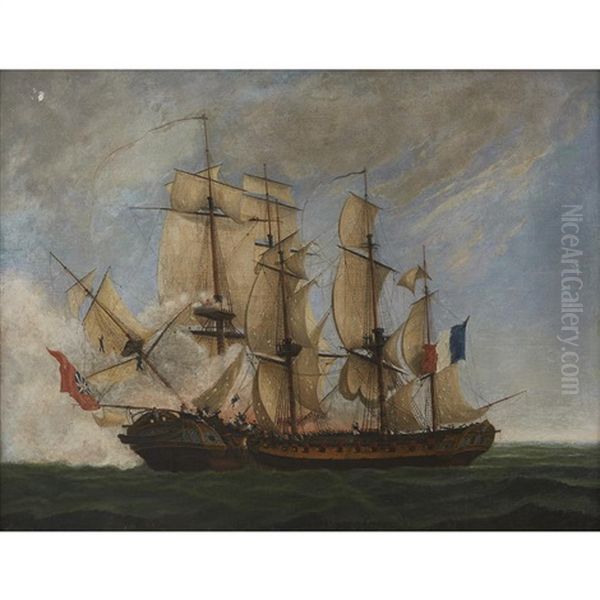 Action Between H.m Frigate 'ambuscade' And The French Frigate 'bayonnaise' ( After Ange-joseph-antoine Roux) Oil Painting by Nicholas Marie Ozanne