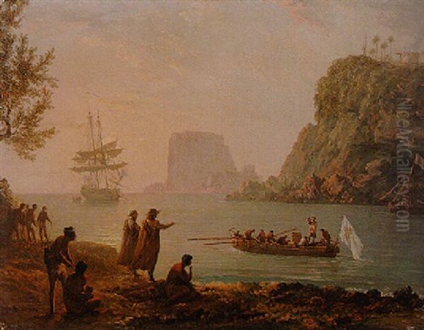 A Tropical Coastline With Sailors Hailing Traders And Natives From A Rowing Boat Oil Painting by Pierre Ozanne