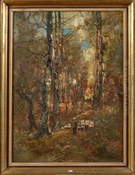 Berger Et Son Troupeau Sur Un Chemin Forestier Oil Painting by Laszlo Paal