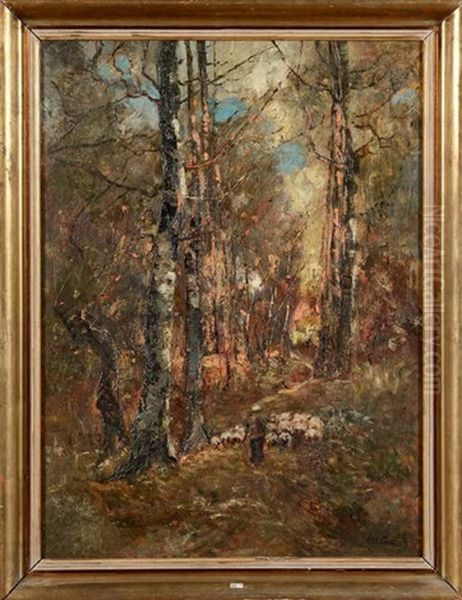 Berger Et Son Troupeau Sur Un Chemin Forestier Oil Painting by Laszlo Paal