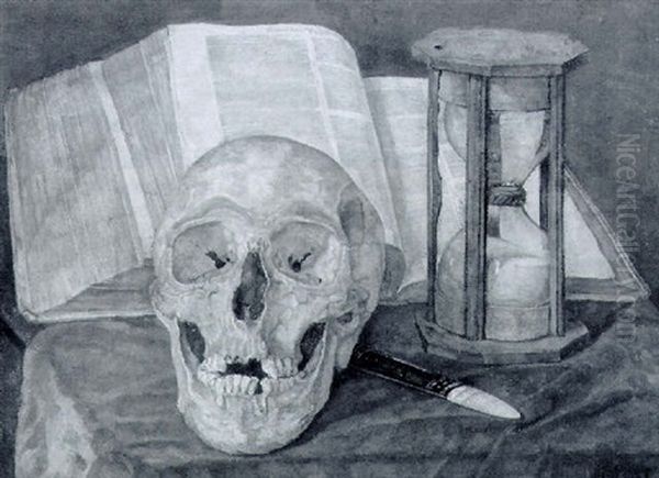 A Vanitas Still Life With A Skull, An Hourglass, A Book And A Fan Oil Painting by Cornelis (Corrie) Johanna Pabst