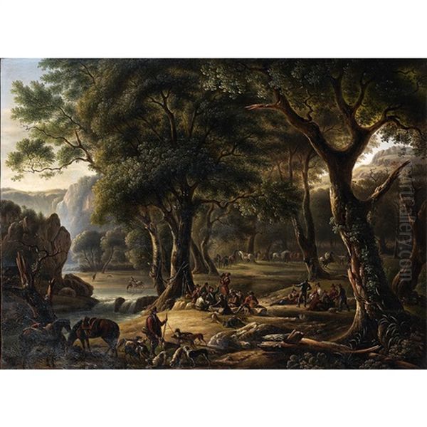 La Halte Des Chasseurs Oil Painting by Michelangelo Pacetti