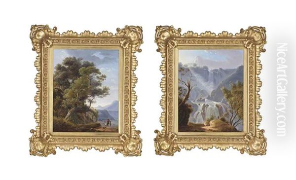 A Huntsman At A Mountainous Torrent (possibly Tivoli) (+ A Huntsman On A Riverside Track; 2 Works) Oil Painting by Michelangelo Pacetti