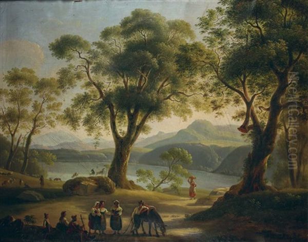 Italienische Landschaft Mit See Und Hirten Oil Painting by Michelangelo Pacetti