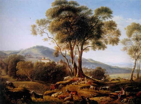 An Extensive Italian Landscape With A Herder And His Flock Of Goats And Sheep In The Foreground With A Town Beyond Oil Painting by Michelangelo Pacetti