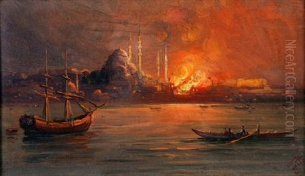 A Night View Of Constantinople On Fire, Seen From The Bosphorus Oil Painting by Halil Pacha