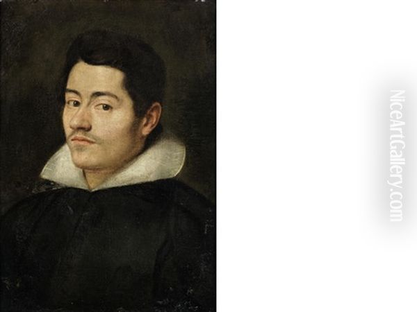 Portrait Of A Gentleman, Bust-length, In A Black Coat And White Collar Oil Painting by Francisco Pacheco