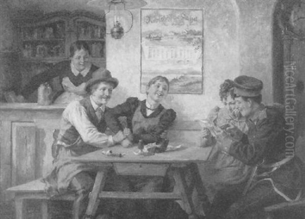 In Einem Bayrischen Wirtshaus Liest Eine Chevauxleger Mit Seiner Liebsen Einen Brief Oil Painting by Ferdinand Pacher