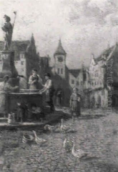 Am Marktbrunnen Einer Mittelalterlichen Stadt Oil Painting by Ferdinand Pacher