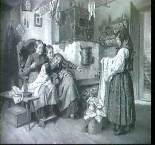 Der Schone, Geblumte Stoff! Eine Junge Frau In Tracht       Breitet In Der Bauernstube Vor Der Bauerin Und Ihrer Tochter Oil Painting by Ferdinand Pacher