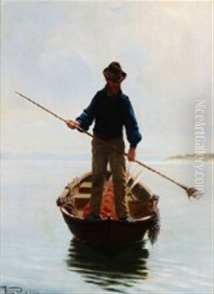 An Eel Catcher In A Rowing Boat Oil Painting by Wilhelm Pacht