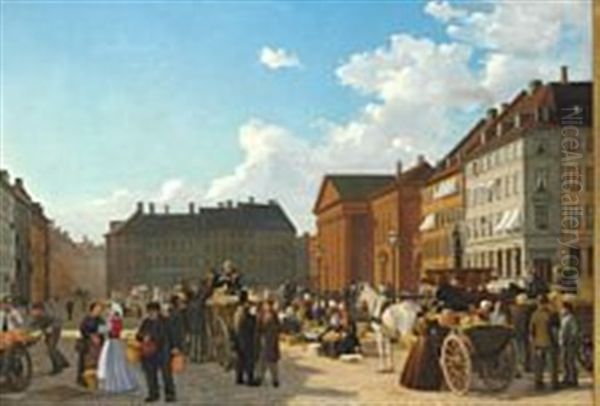 Market Day In Gammel Torv In Copenhagen Oil Painting by Wilhelm Pacht