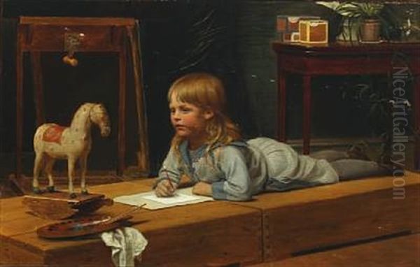 A Young Artist In Sailor Suit Is Painting His Rocking Horse Oil Painting by Wilhelm Pacht