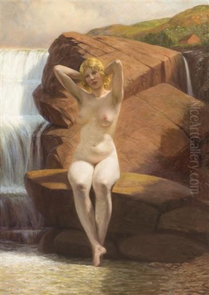 Nude By Waterfall by Wilhelm Pacht