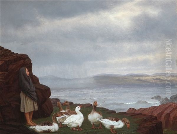 Coastal Scene With A Girl And Geese Oil Painting by Wilhelm Pacht