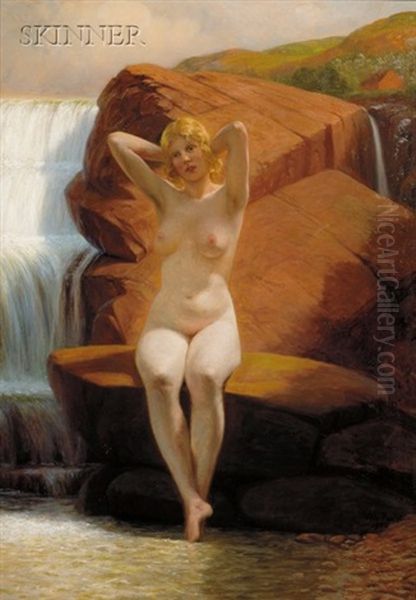 Portrait Of A Nude By A Waterfall Oil Painting by Wilhelm Pacht