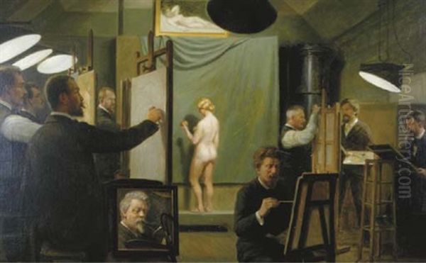 Artists And A Model In A Studio Oil Painting by Wilhelm Pacht