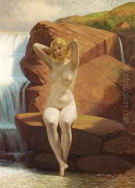 Badepige Pa En Klippe Ved Et Vandfald Oil Painting by Wilhelm Pacht