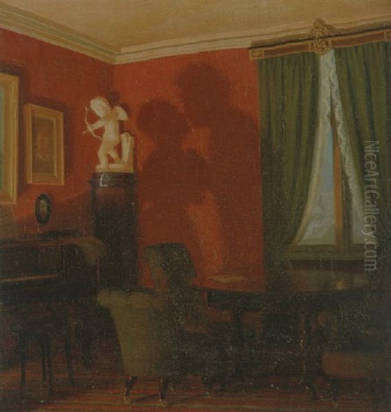 Interior Med Skygge Af Kyssende Par. Pa En Piedestal En Buste Af Amor Med Bue Og Pil Oil Painting by Wilhelm Pacht