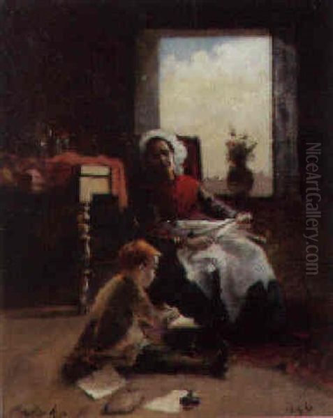 Lessons From Mother Oil Painting by Ferencz (Franz) Paczka