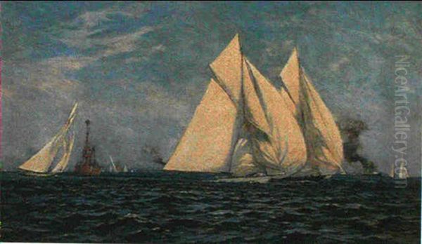 Britannia And Other J-class Yachts Rounding The Nab Light Oil Painting by Charles Murray Padday