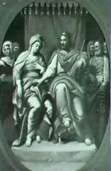 King Soloman And Queen Esther Surrounded By Royal Court Oil Painting by Francesco Padovanino