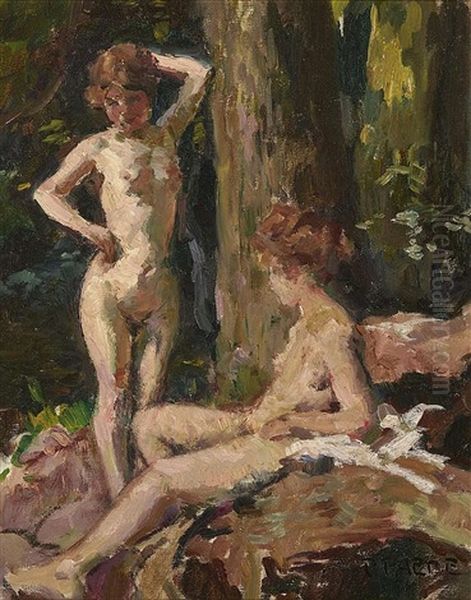 Two Female Nudes In The Forest Oil Painting by Paul Paede