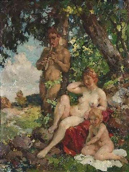 Satyrfamilie Unter Einem Baum Oil Painting by Paul Paede