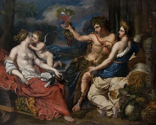 Young Bacchus With The Goddess Ceres And Venus With Angel By A Water Landscape Oil Painting by Joseph Paelinck